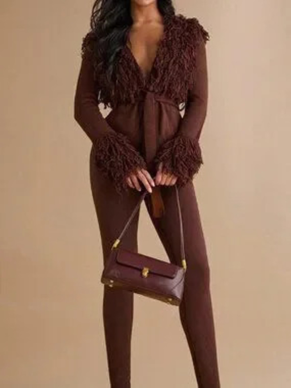 ZARA Brown Sexy Deep V Neck Flare Sleeve Asymmetrical Knot Belted Cardigan
